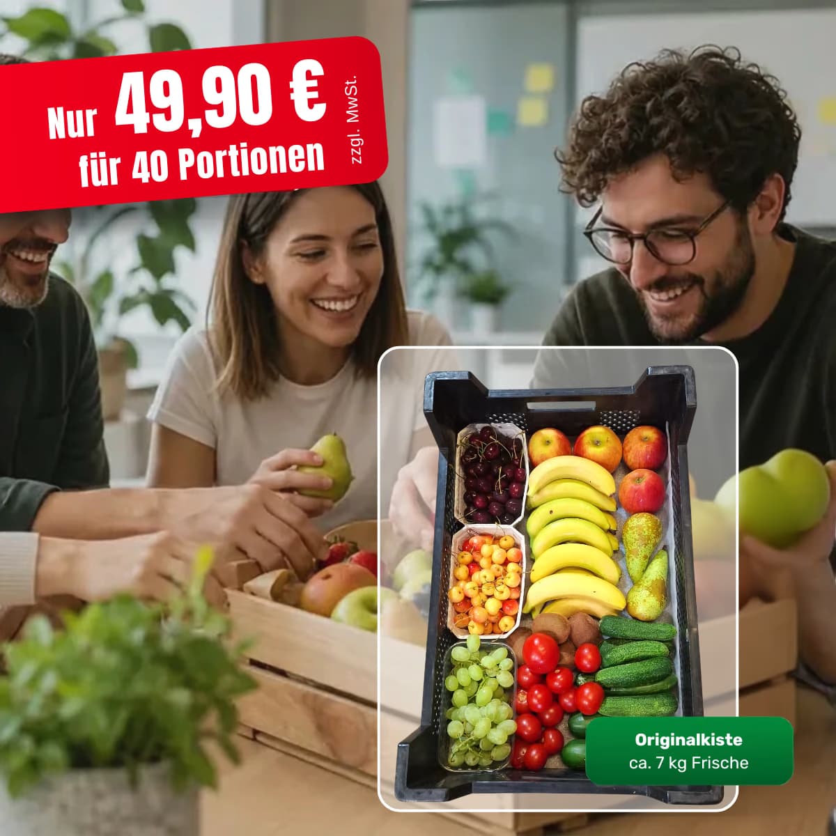 Team im Büro mit einer gut gefüllten BIOSIVA Originalkiste für 40 Portionen.